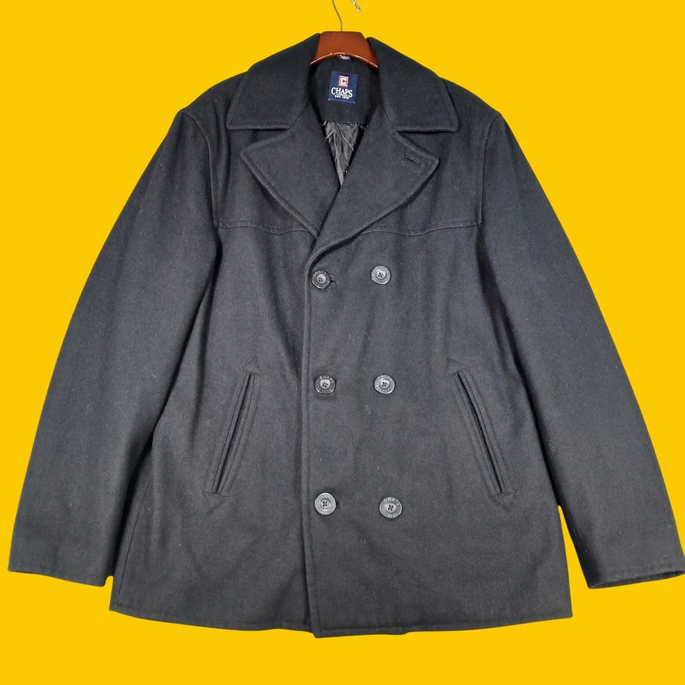 Chaps Pea Coat Jacket Mens Medium Double Breasted Black Wool Blend Y2K